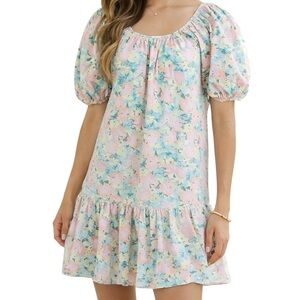 Gianni Bini Floral Poplin Mini Dress S Pastel Puff Sleeve Drop Waist Spring